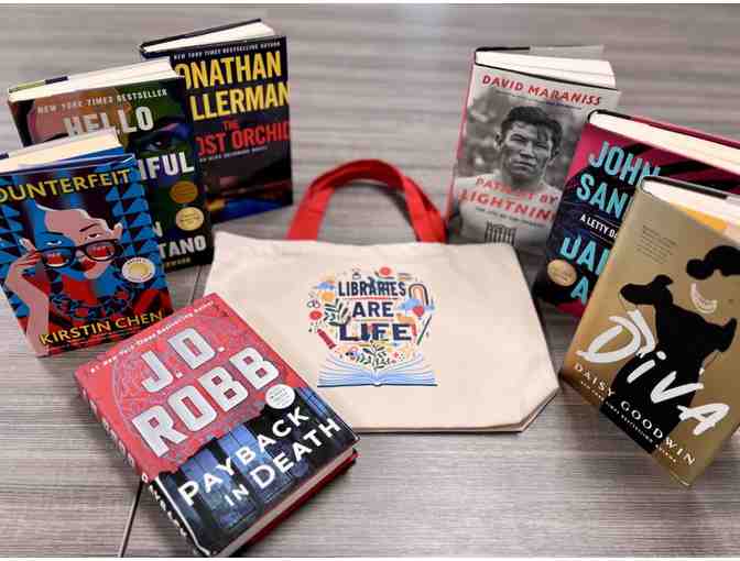 New Hard Cover Books + Libraries Are Life tote bag