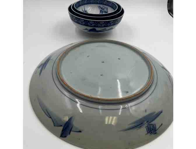 Japanese Blue and White World War 2 Era Bowls and Platter