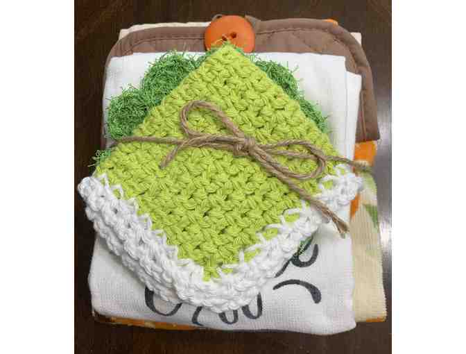 Kitchen Towels (2), Crocheted Dishcloth and Scrubby Set