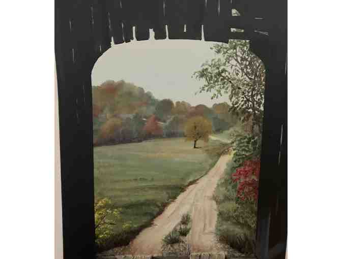 Framed Oil Canvas - View from inside Covered Bridge