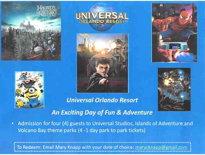 Four (4) One Day Park to Park Tickets to Universal Orlando Resort