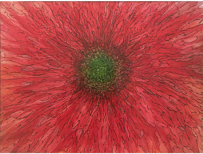 'Red Flower' by Anna Isakson, Original Pen, Ink & Watercolor in Frame