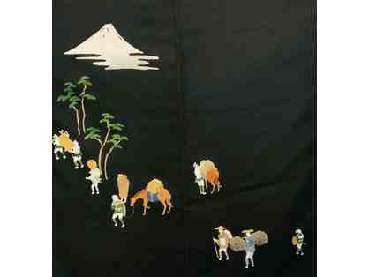 Japanese Silk Black Kimono-Haori with design including a Mountain and Sherpa