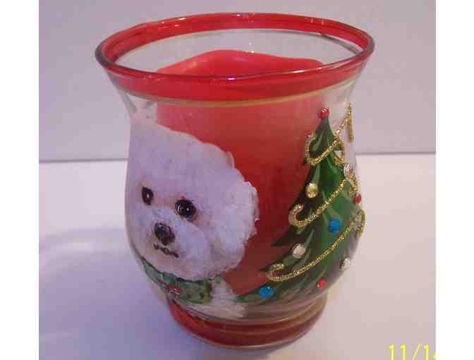 hand painted Bichon candle and holder