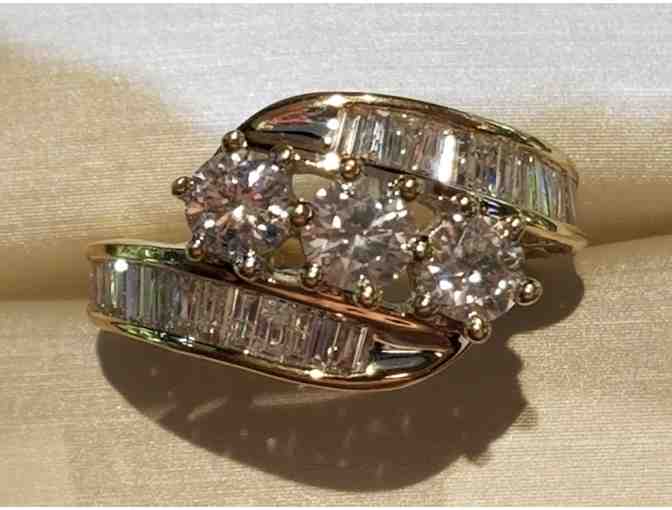 14k Yellow Gold Channel set Round Brilliant and Baguette ring.
