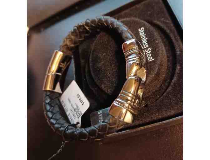 FOCUS FOR MEN Stainless Steel & Black Leather Braided Tribal Bracelet