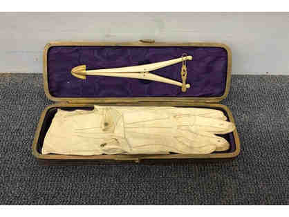 Antique glove box with Stretcher and two sets of gloves from 1870s