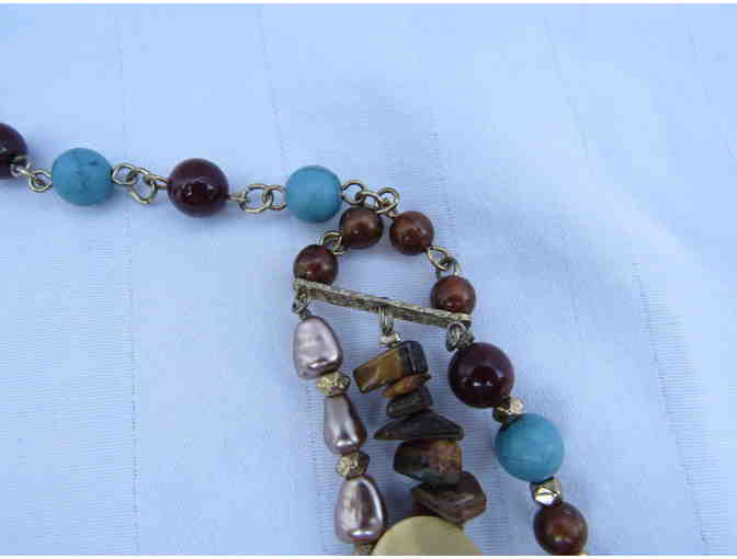 Triple Strand Necklace in Purple Tones Accented in Turquoise and Gold