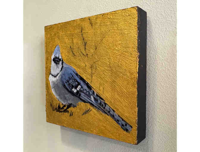 Painting of blue jay on a gilded birchwood panel